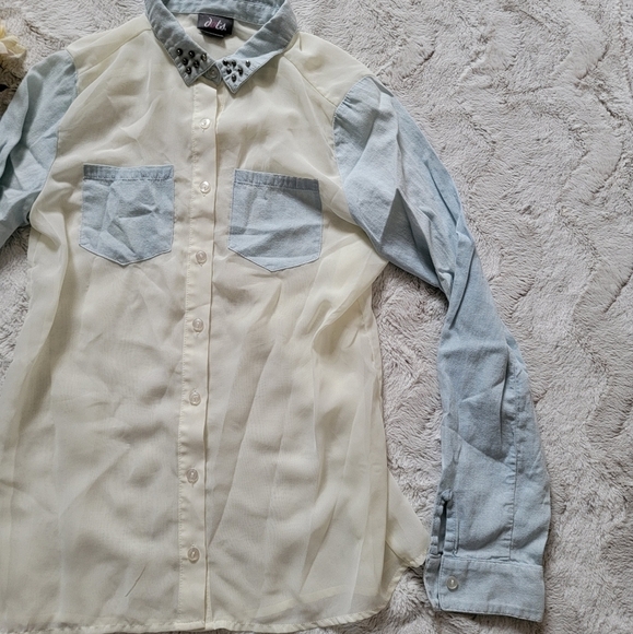 Dots Sheer Body Light Denim Cloth Studded Collar Accent Blouse Size S - Picture 4 of 11